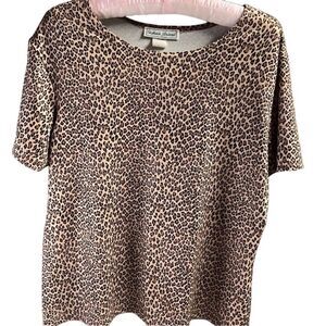 Stephanie Andrews Leopard Print Vintage Top, Scoop Neck Size L, Brown and Black